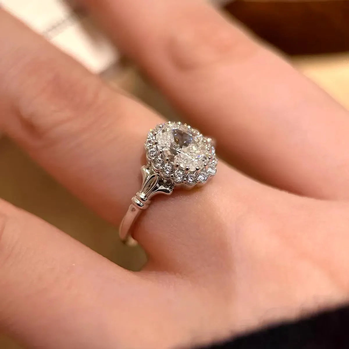Silver geometric bridal bouquet ring with adjustable opening and diamond sparkle