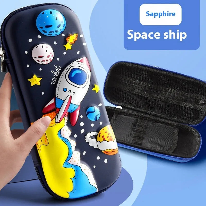 3D leather pencil case with embossed holographic character design showing textured surface detail