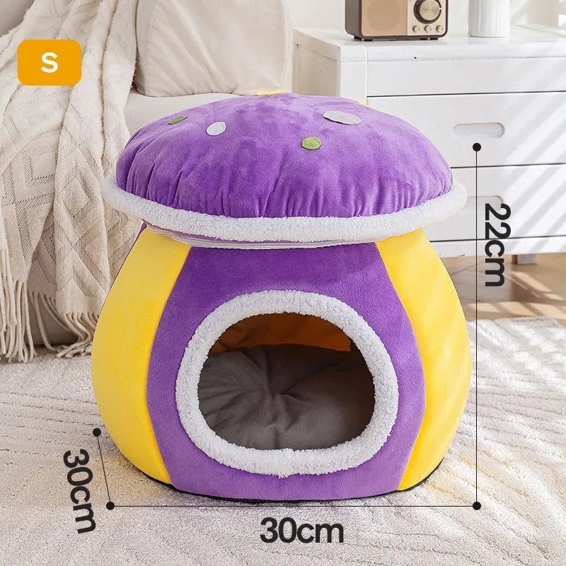 Grey mushroom-shaped cat nest bed with a detachable plush blanket for indoor cats.
