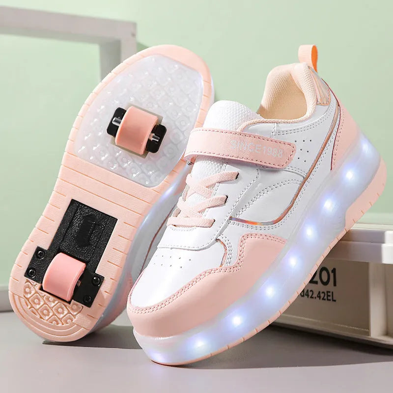Charging flash roller skates with LED light-up wheels in black, pink, purple and white colour options