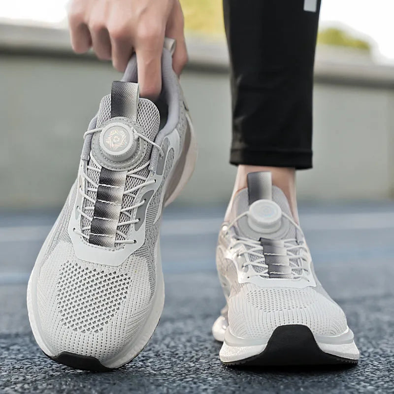 Low-top men's running shoes with buckle closure in solid colours showing Fly-knit mesh upper and TPU soles