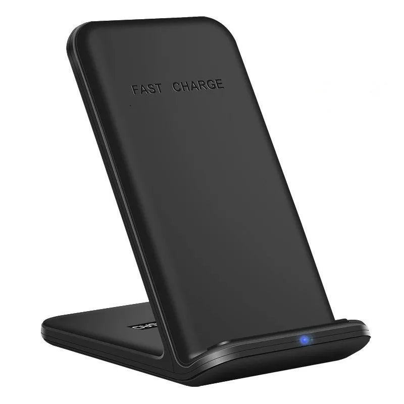 Fdgao 15W 4 In 1 desktop wireless charger in black with dual coils, charging a phone, Apple Watch, and Airpods
