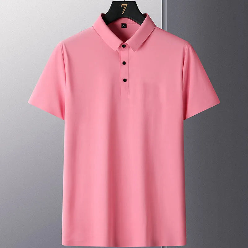 Non-ironing men's solid colour short sleeve business casual shirt on a hanger