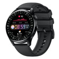 Black leather strap smartwatch with 1.32 inch touchscreen displaying health metrics