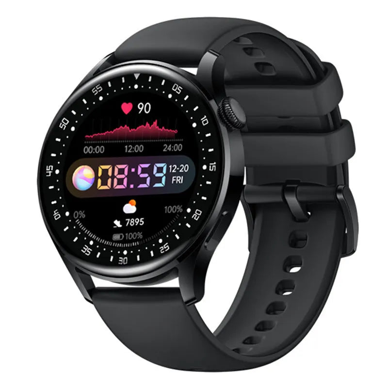 Black leather strap smartwatch with 1.32 inch touchscreen displaying health metrics