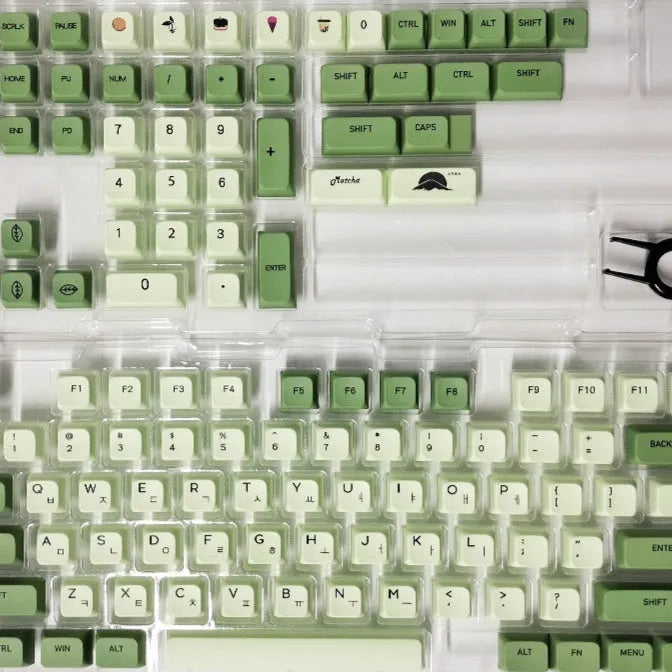 124 Key Matcha green PBT sublimation keycap set for mechanical keyboards laid out flat.