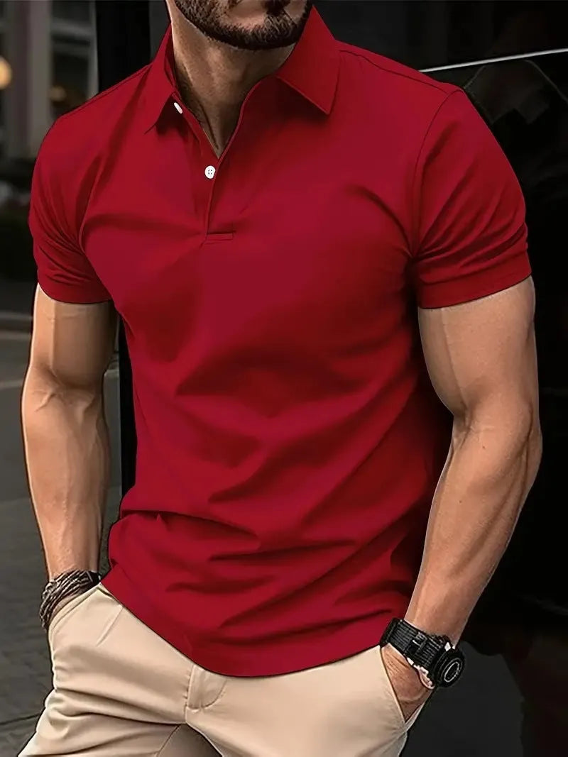 Men's slim fit solid colour short sleeve button-up shirt on a hanger