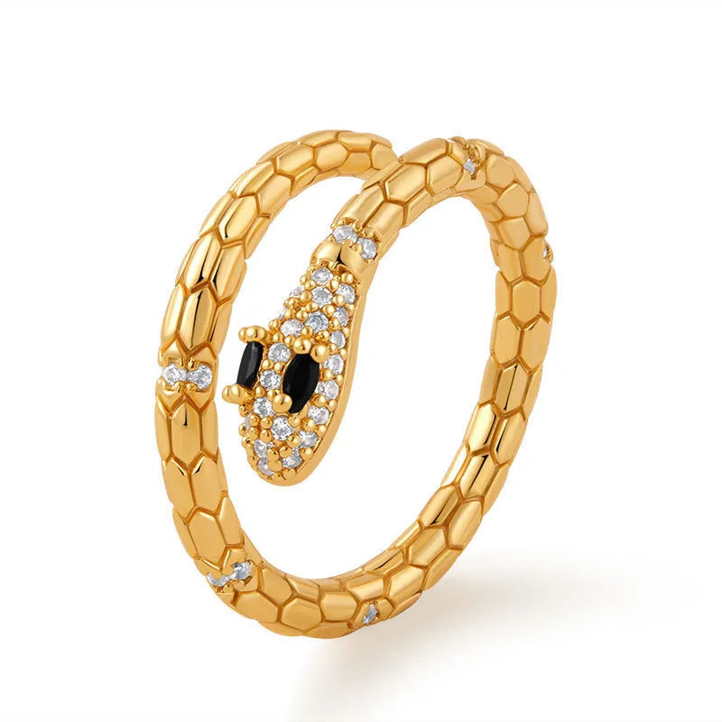 Snake-shaped adjustable copper finger ring with gold colour plating in KR0201