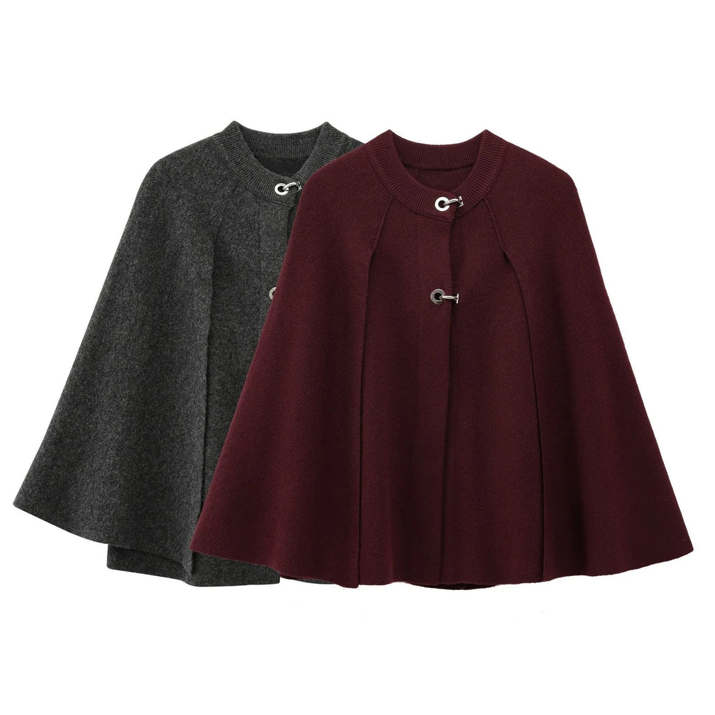 Cape round neck long sleeve knitted sweater coat in solid dark gray with regular sleeves for street fashion style