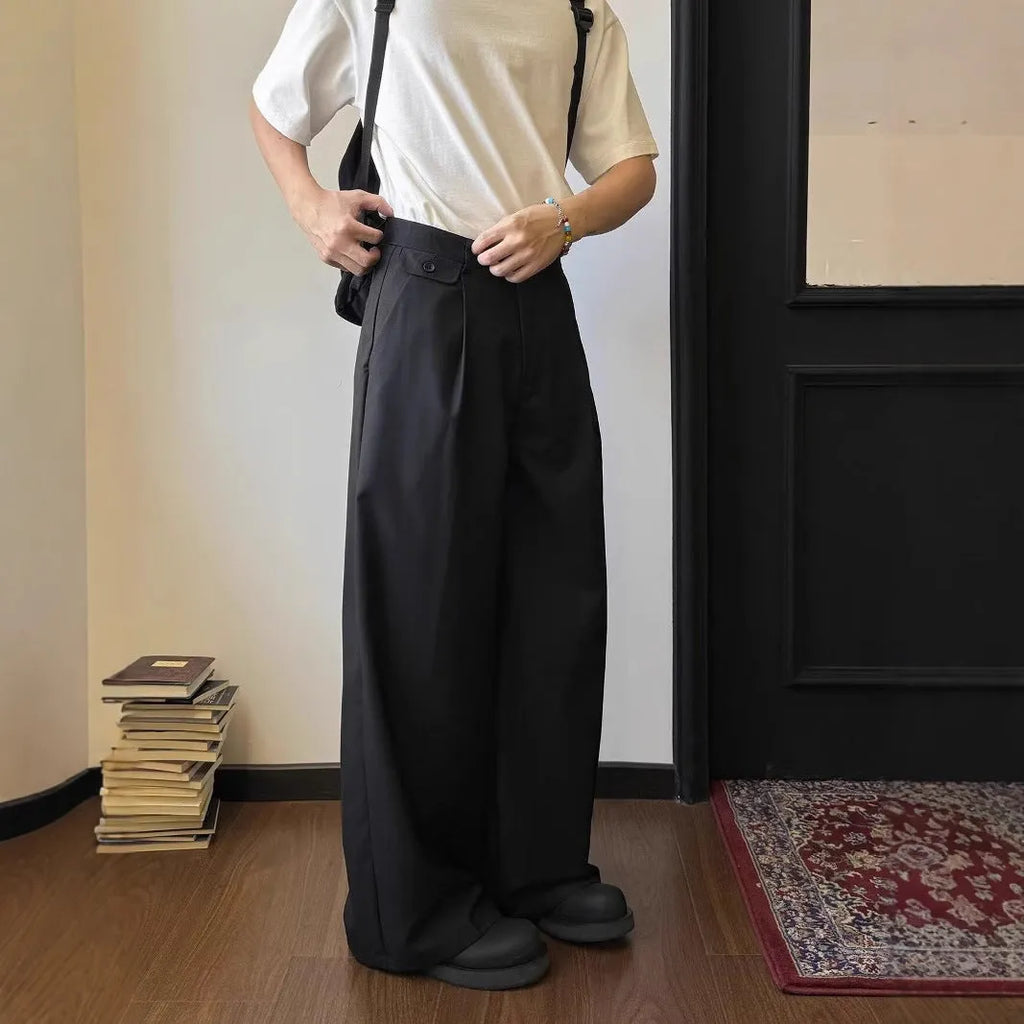 Men's straight-leg casual trousers with loose wide-leg fit in polyester blend fabric