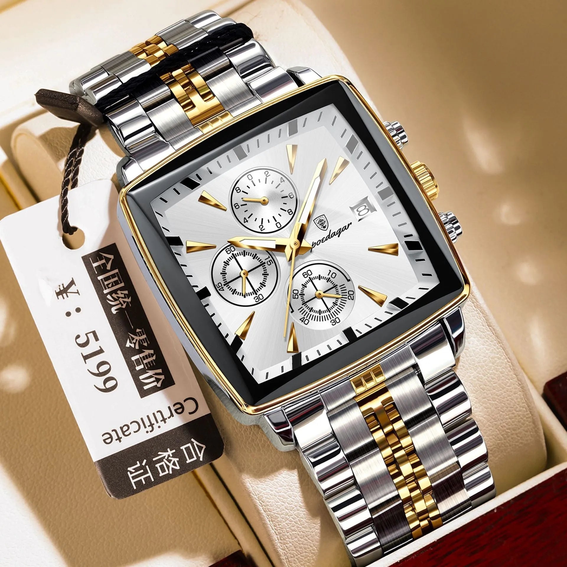 Men's square business watch with stainless steel strap and butterfly clasp in various colour options.