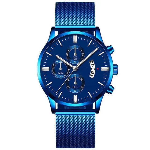 Men's stainless steel quartz watch with mesh band and two-tone case on wrist