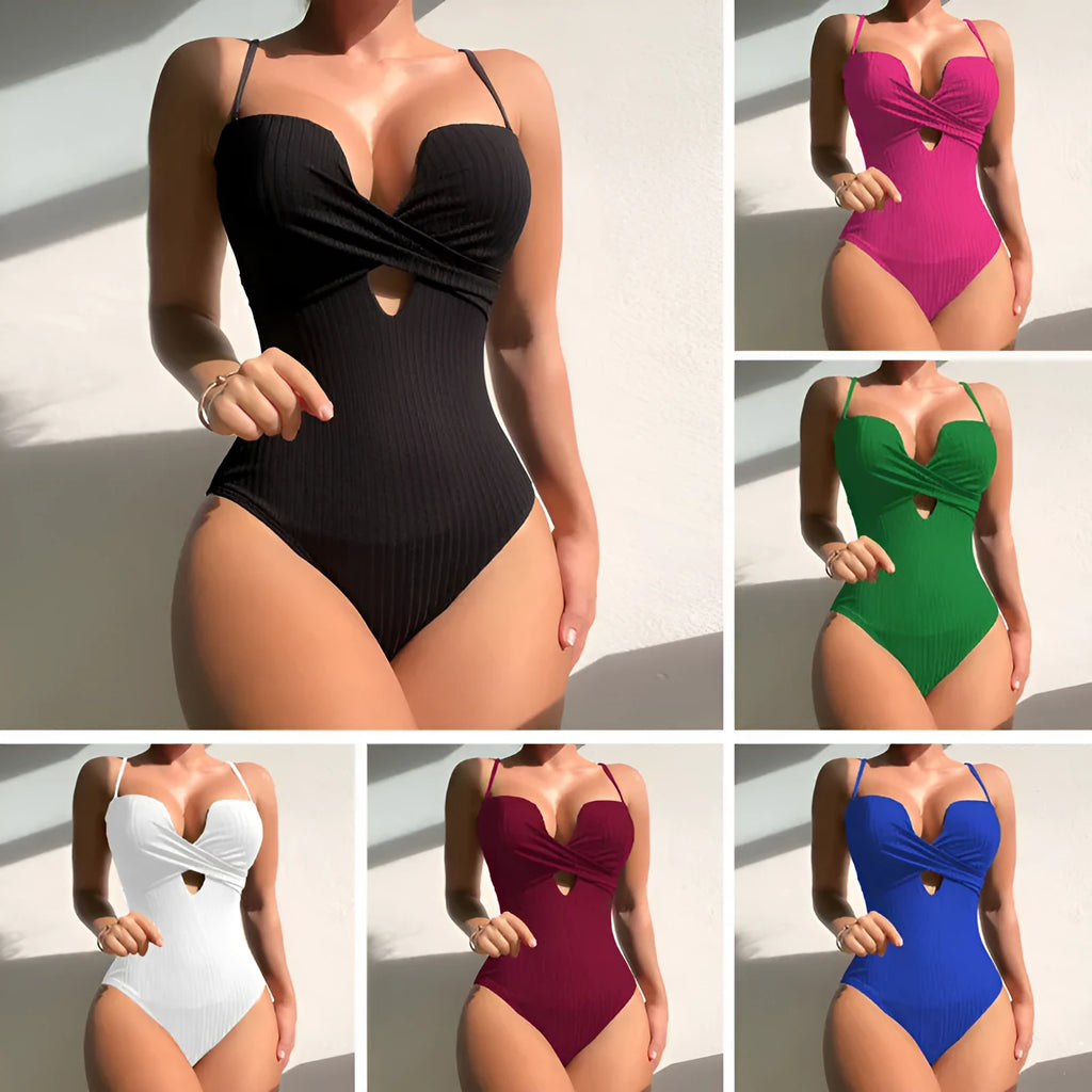 Solid colour one-piece swimsuit for women in polyester, shown in burgundy colour on a size mannequin.