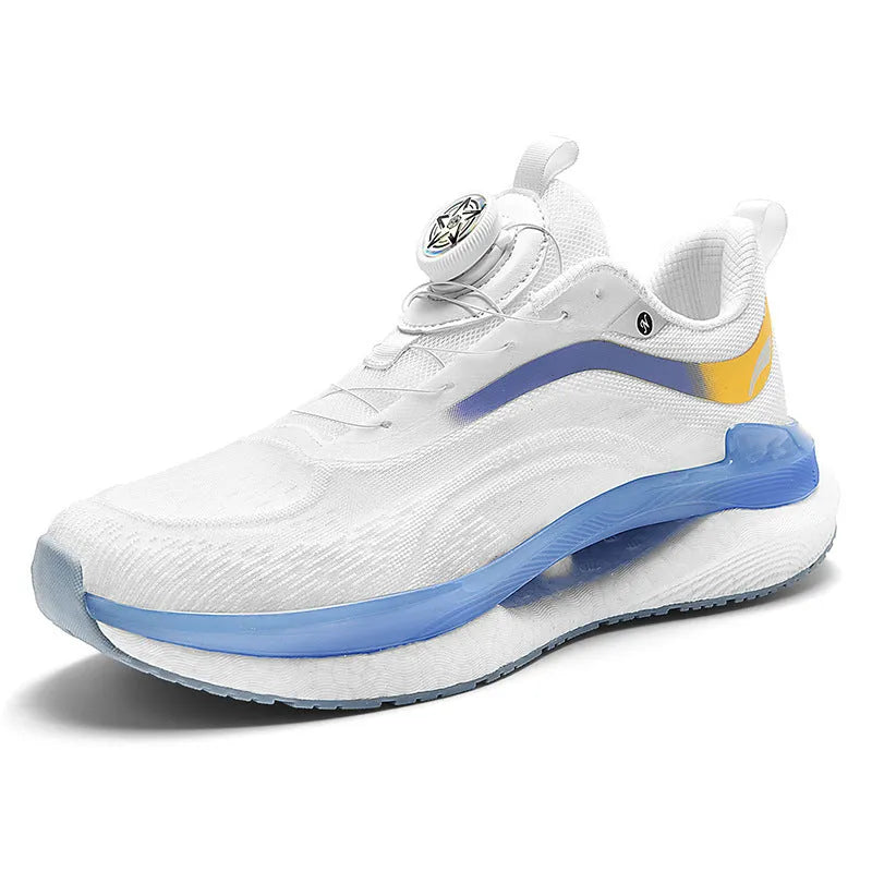 Men's high top breathable mesh running shoes in cotton candy colour with buckle closure and composite sole.