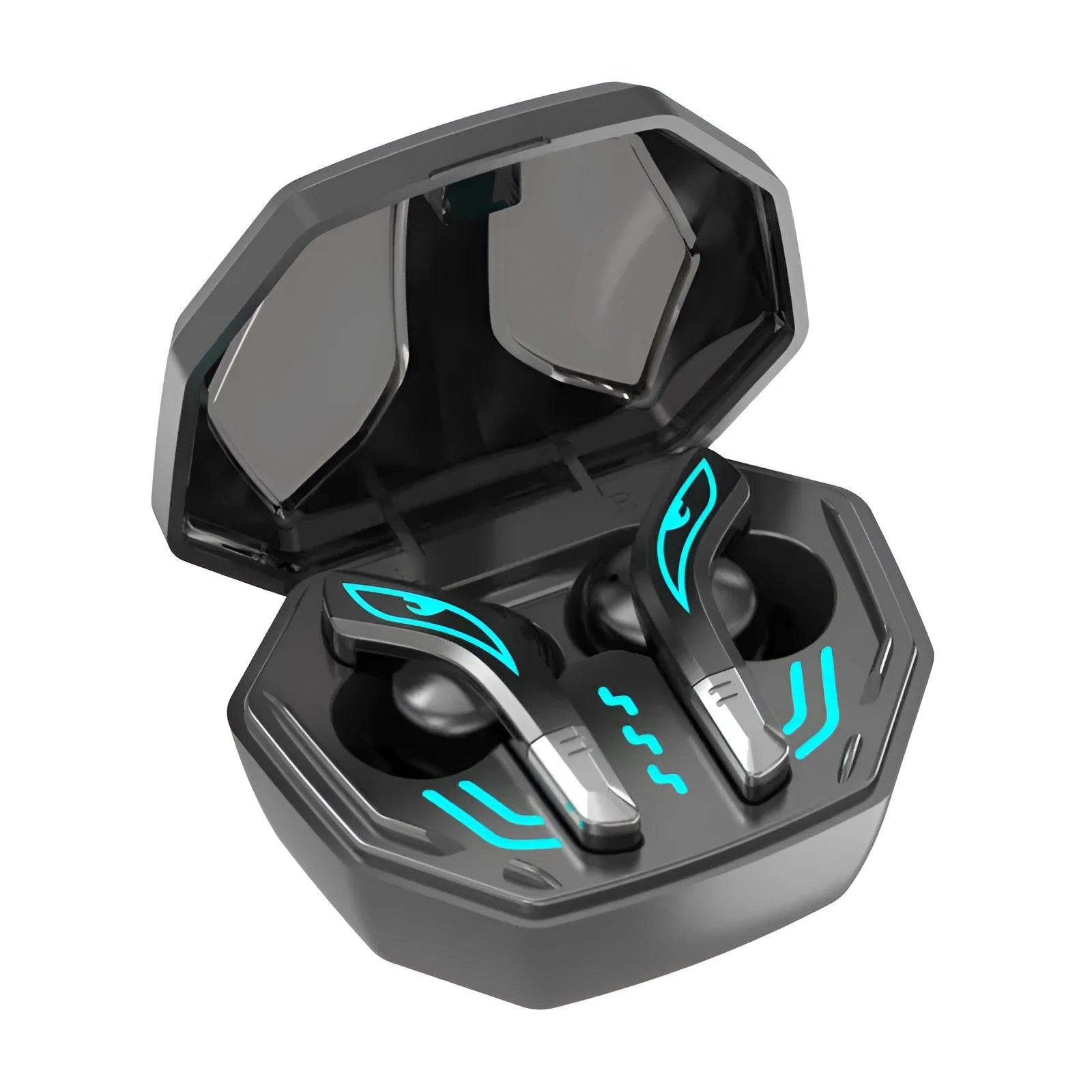 X15 Black wireless in-ear Bluetooth gaming headphones with charging case and cable