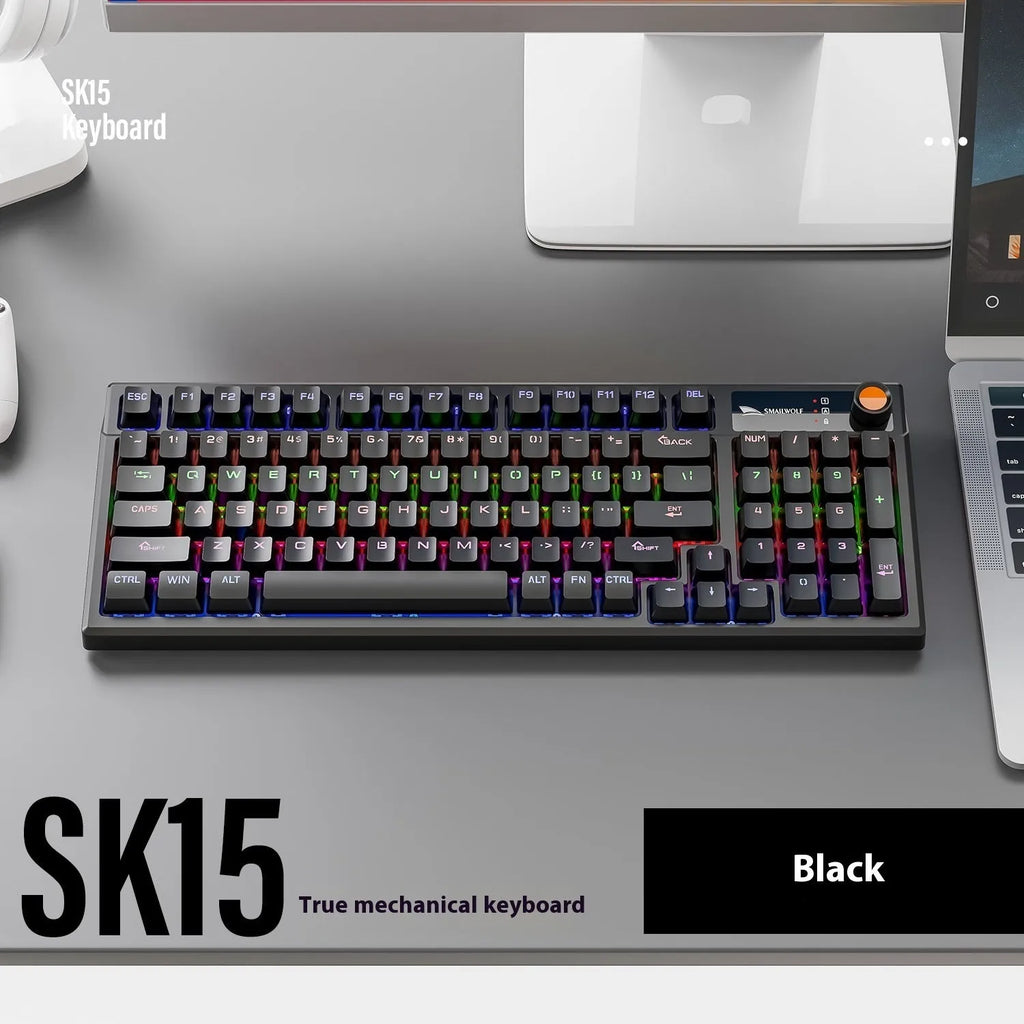 SK15 wired mechanical gaming keyboard in sunset orange, autumn water blue, or black with mixed light green switches