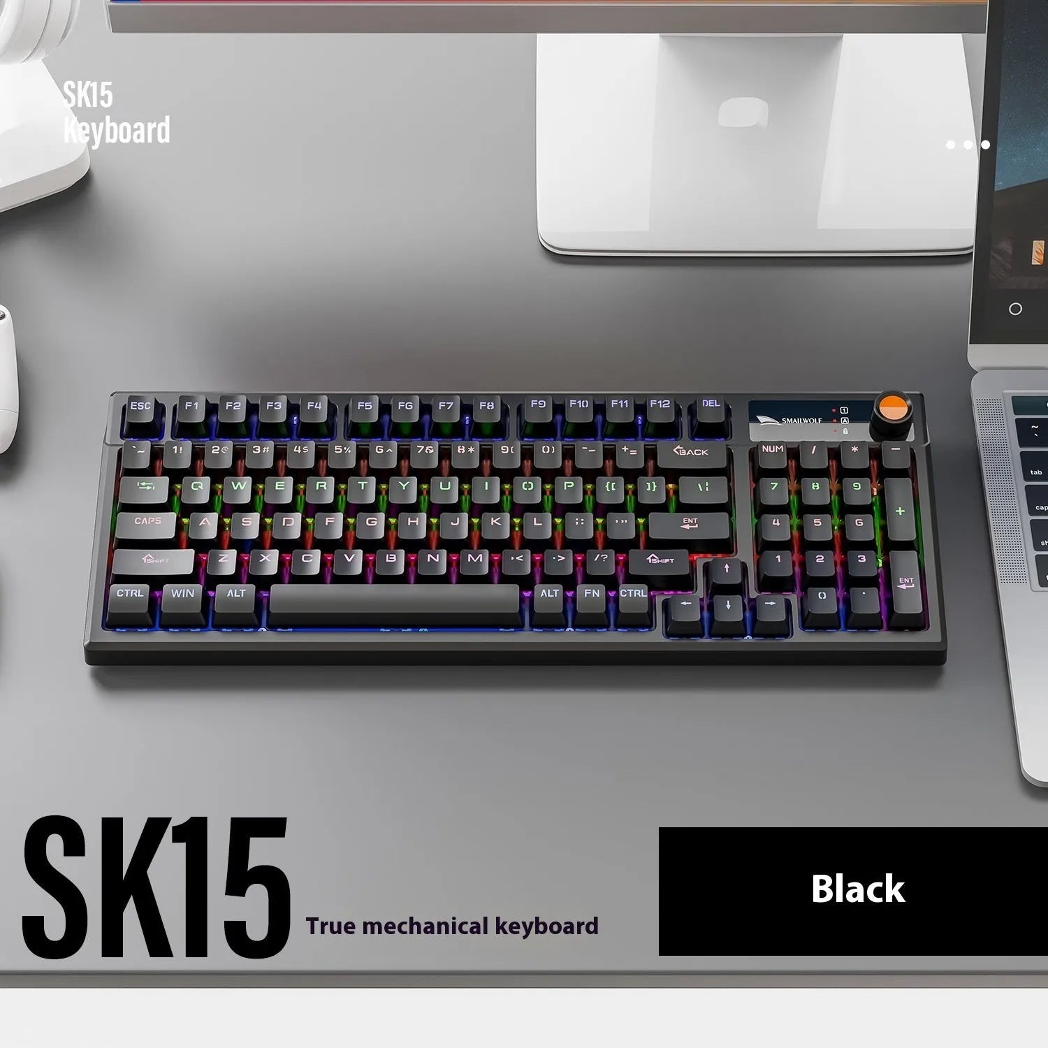 SK15 wired mechanical gaming keyboard in sunset orange, autumn water blue, or black with mixed light green switches