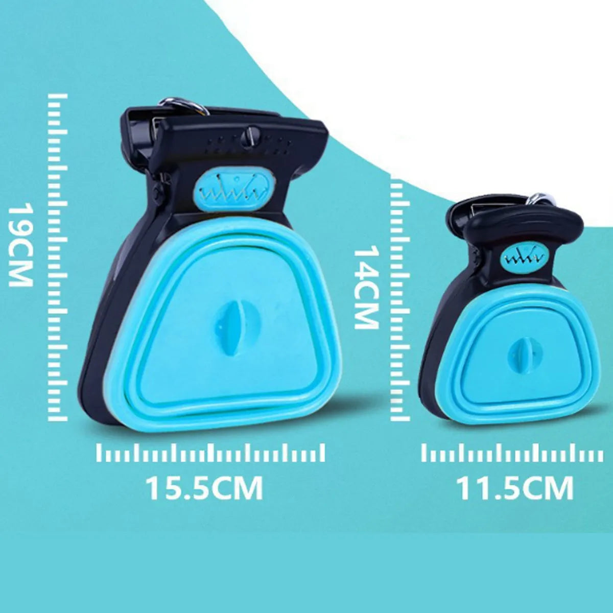 Blue portable pooper scooper with clip, expandable container, and integrated waste bag dispenser for dog waste cleanup.