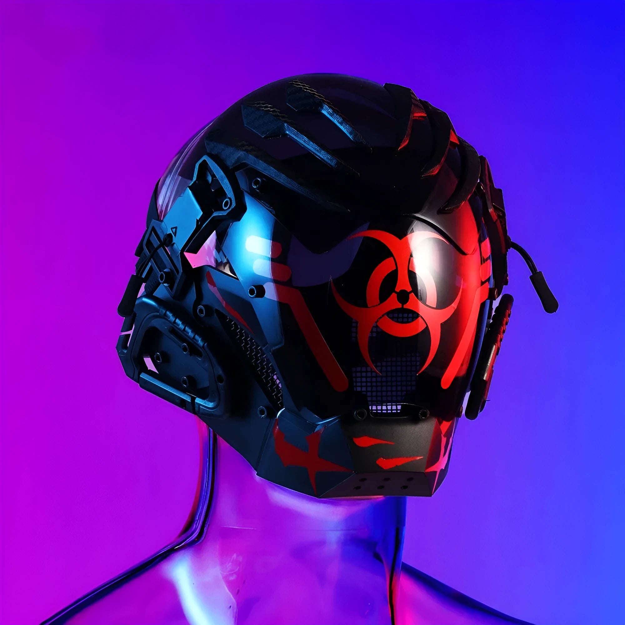 Black full face prop mask helmet for cyberpunk cosplay and themed parties.