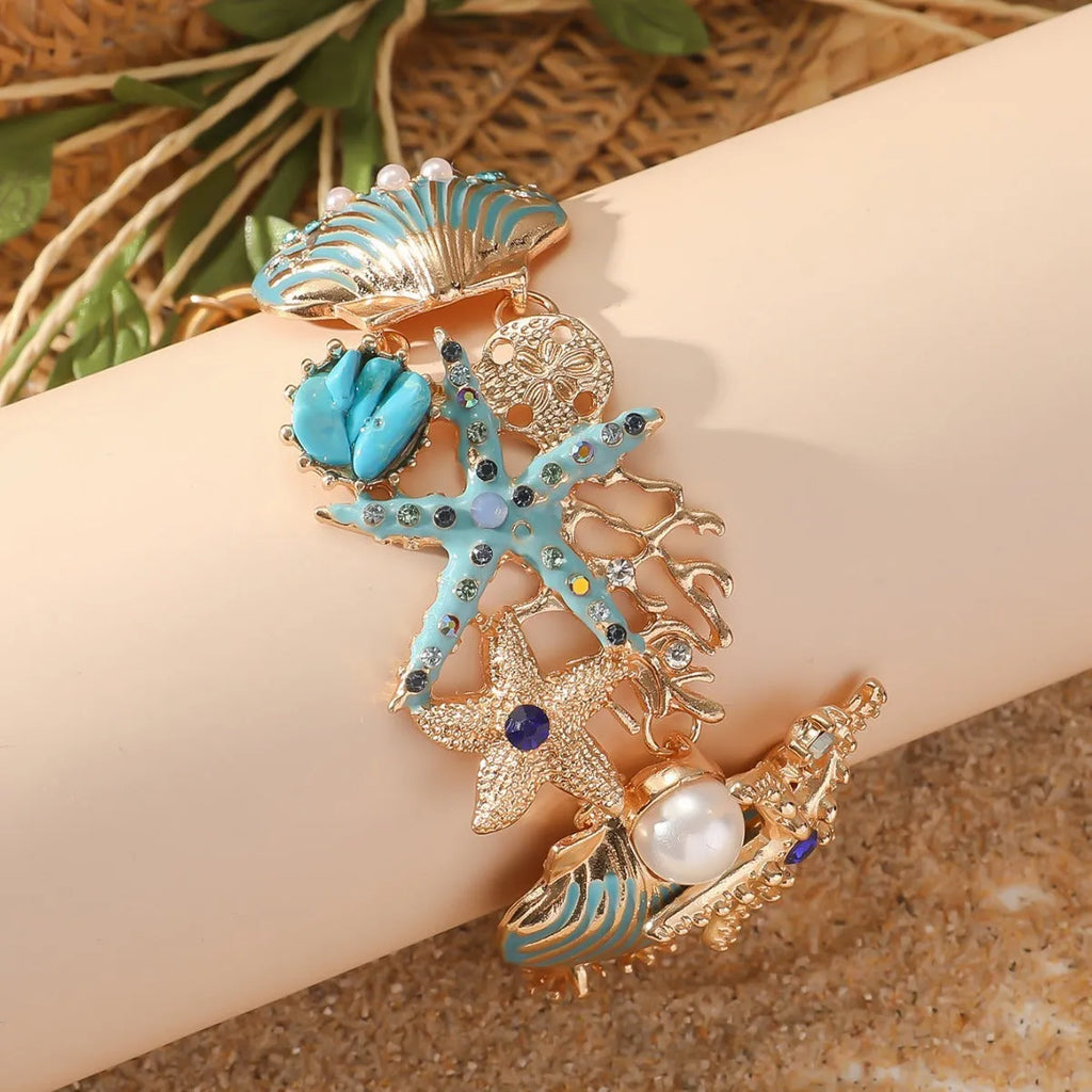 Alloy rhinestone boat anchor bracelet with starfish charm in turquoise coral red or blue