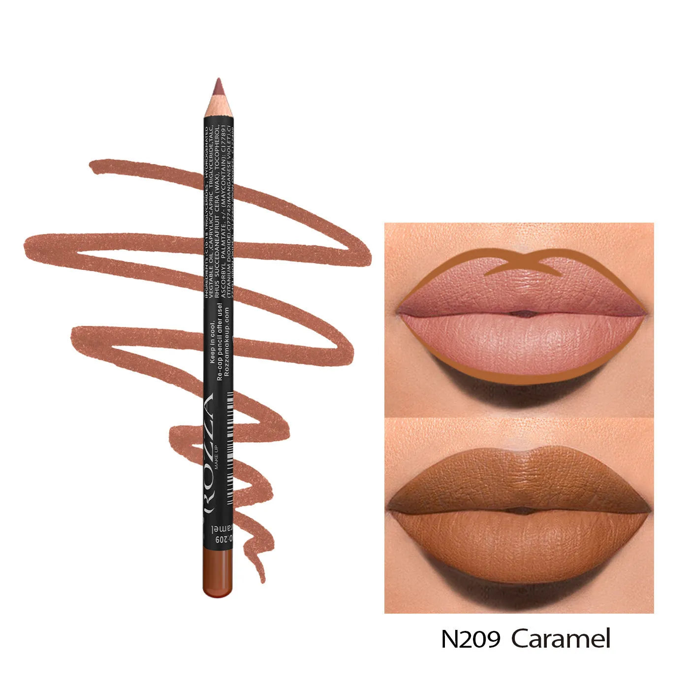 Wooden matte lip liner pencil in various shades showing 24 hour wear and waterproof claim