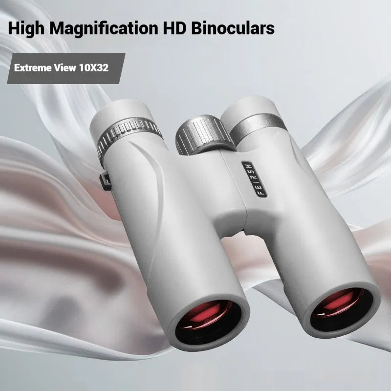 10x32 wine red film binoculars in grey or blue colour, showing compact design and large objective lenses.