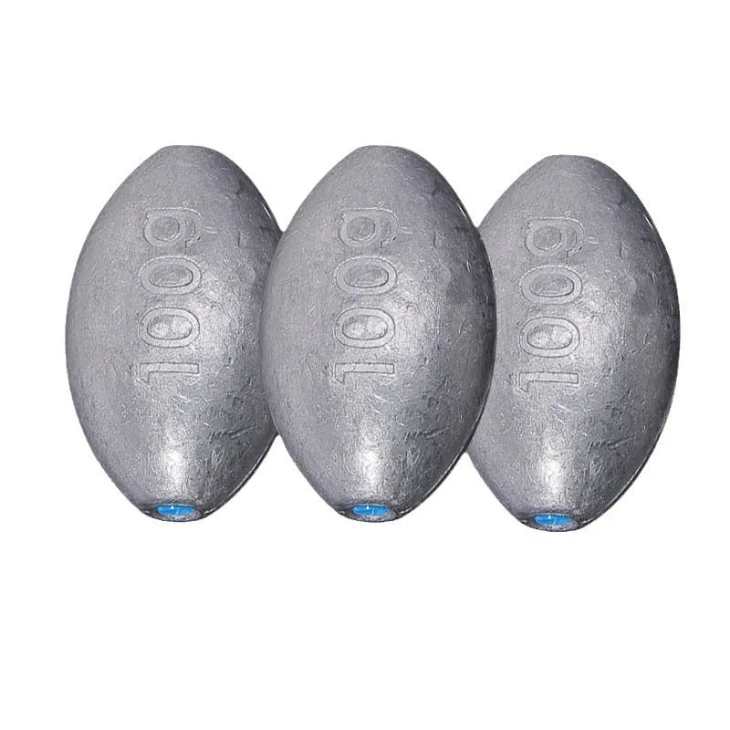 Tongxin olive lead fishing sinker with scale pattern in rugby shape, showing weights from 10g to 150g