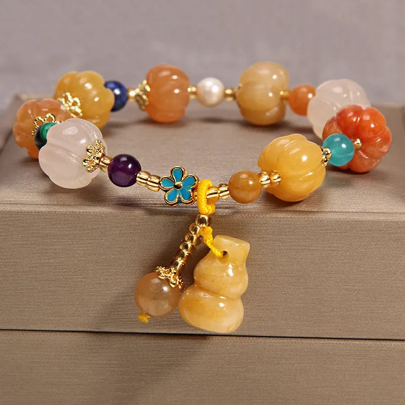 Women's yellow agate and crystal bracelet on gold silk thread in khaki colour
