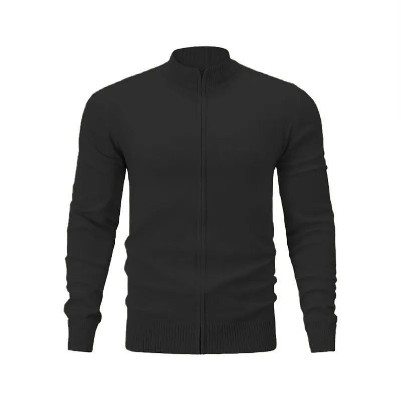 Man wearing a stand collar zip-front casual sweater in a solid colour, showing loose fit and front zipper detail.