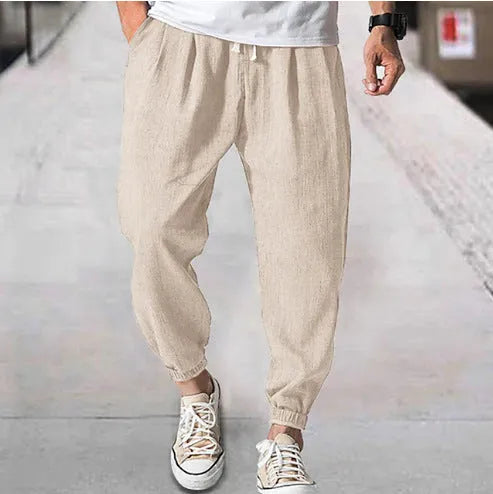 Men's loose cotton ankle pants with elasticated bands in light green colour