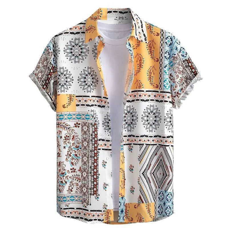 Men's slim fit Hawaiian short sleeve shirt in a cardigan style with digital print pattern.