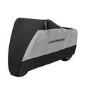 Motorcycle rain cover in black polyester material shown covering vehicle