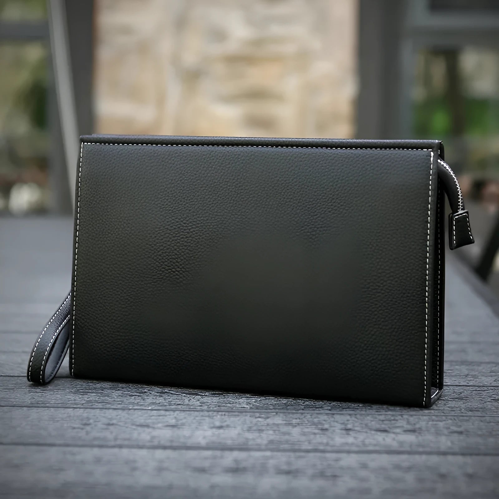 New Clutch Men's Briefcase Soft Leather PU Black with sewing thread detail