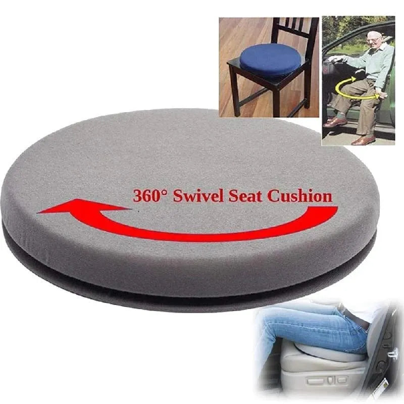 Grey rotating car seat cushion showing 360-degree swivel mechanism on a car seat.