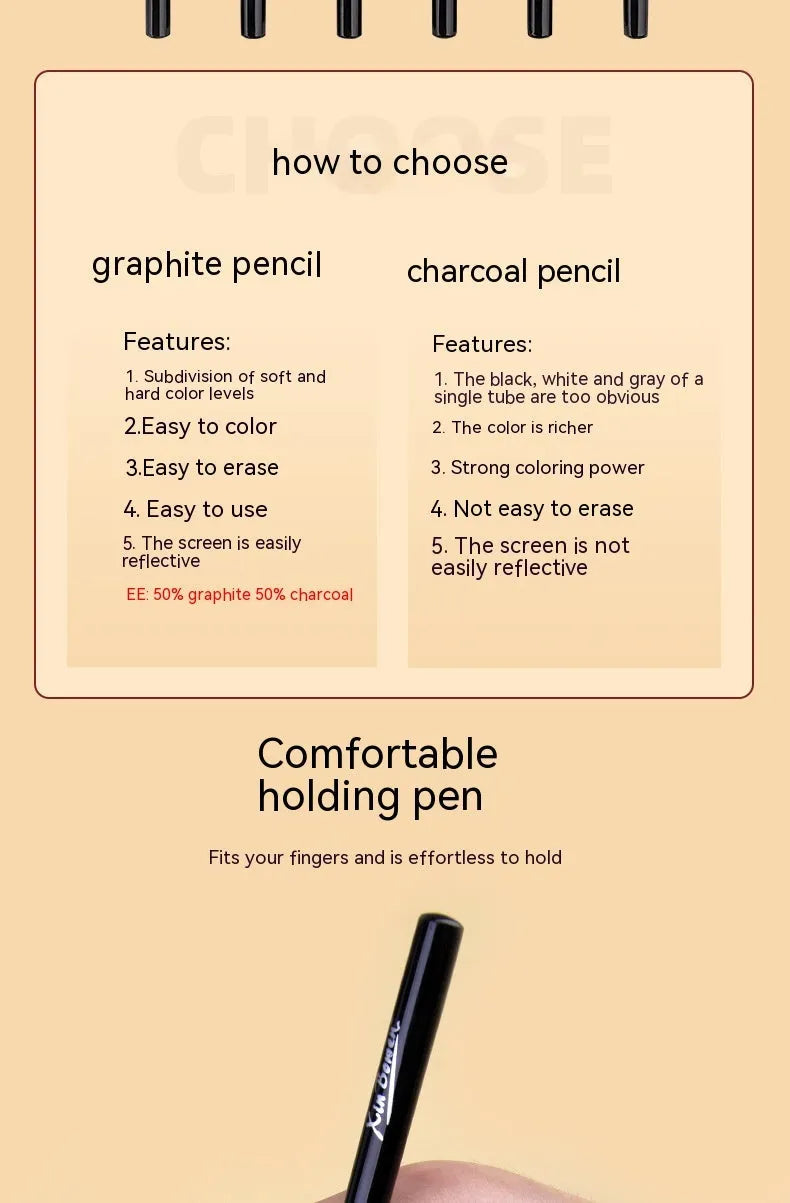 Graphite sketching pencil set with six art grades from HB to EE in wood-free construction