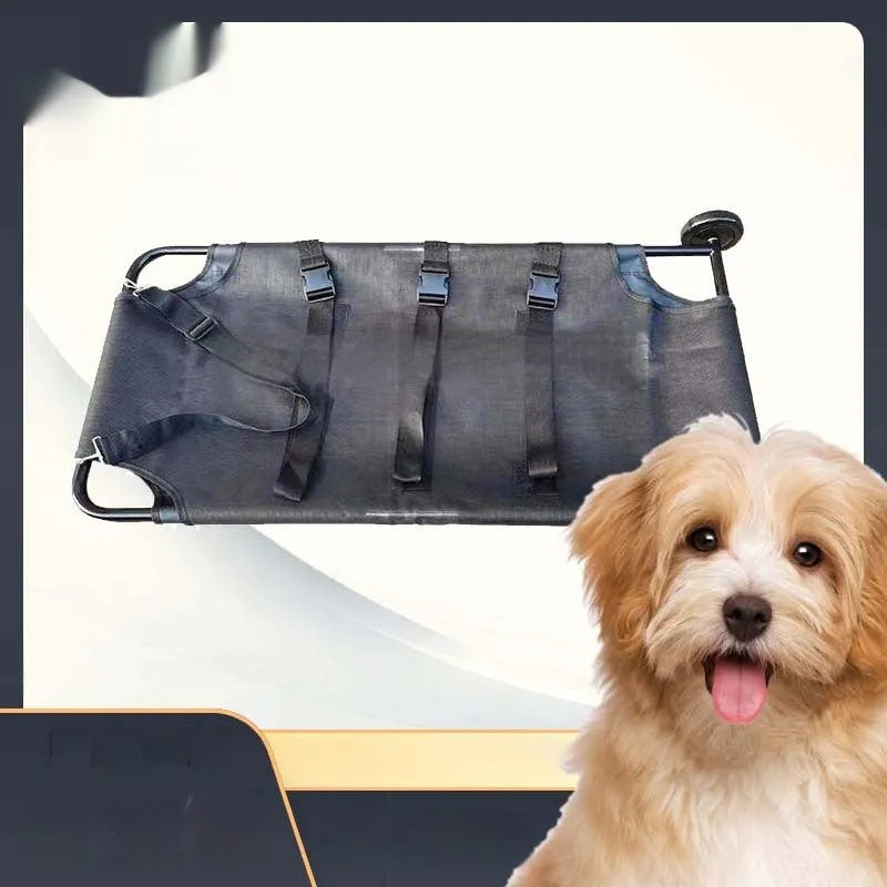 Black foldable aluminium alloy pet stretcher for large dogs, shown in emergency transport use.