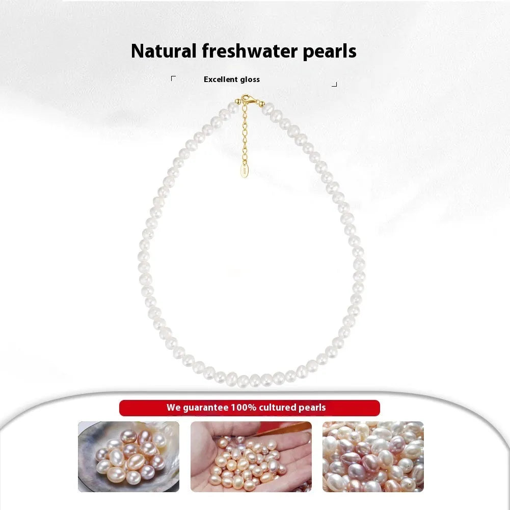 Women's adjustable natural freshwater pearl necklace with 925 sterling silver electroplating