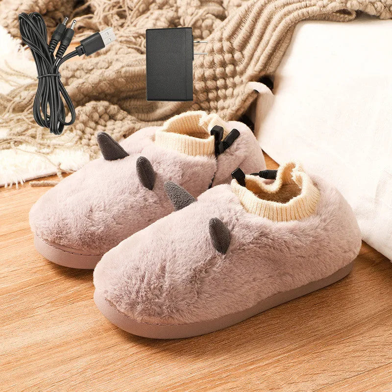 USB electric heating slippers in grey with adjustable temperature control and soft velvet upper.