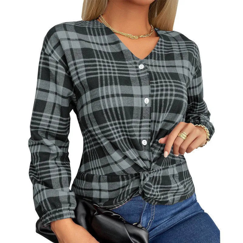 Women's loose-fit purple plaid casual shirt with regular sleeves on a hanger