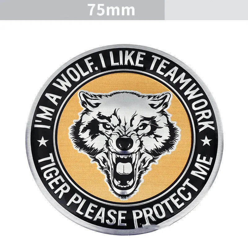 Aluminium metal car badge stickers featuring embossed lion, eagle, wolf head, and tiger designs.