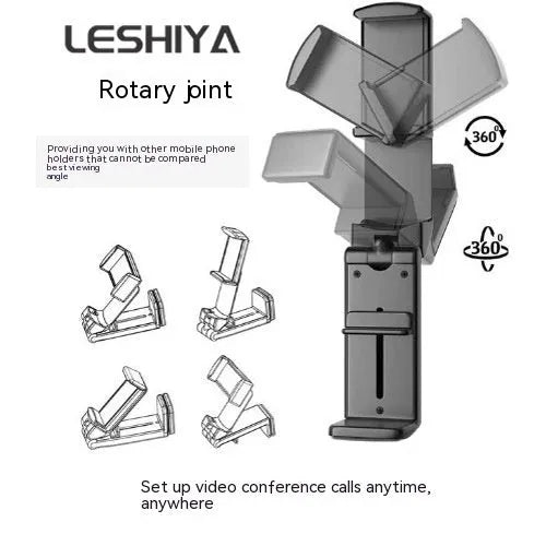 Foldable rotating universal phone holder in black, grey, or green colour showing its adjustable clamp and legs.