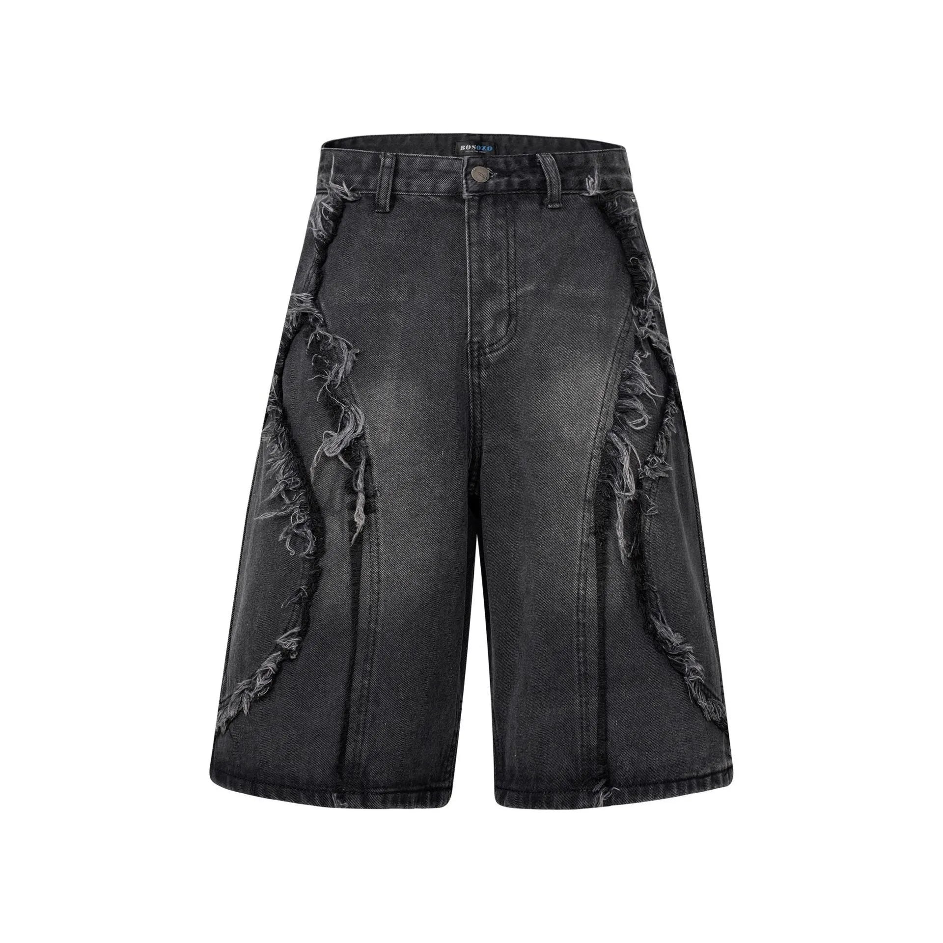 Distressed denim shorts with raw edge detailing in straight cut and cropped leg length