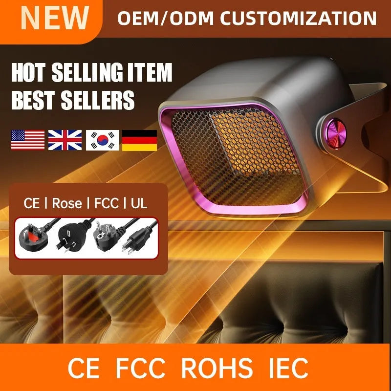 White PTC ceramic desktop electric heater on a table showing front grille and control buttons.