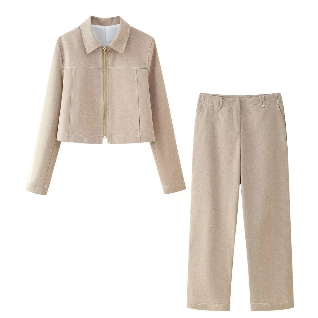 Women's casual long sleeve coat and straight-leg pants suit set with 3D herringbone pattern