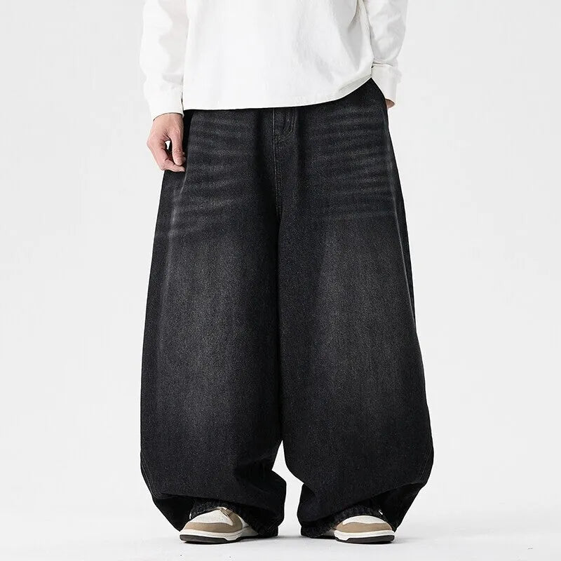 Men's plus size wide leg cotton denim jeans in three colour options with straight leg opening