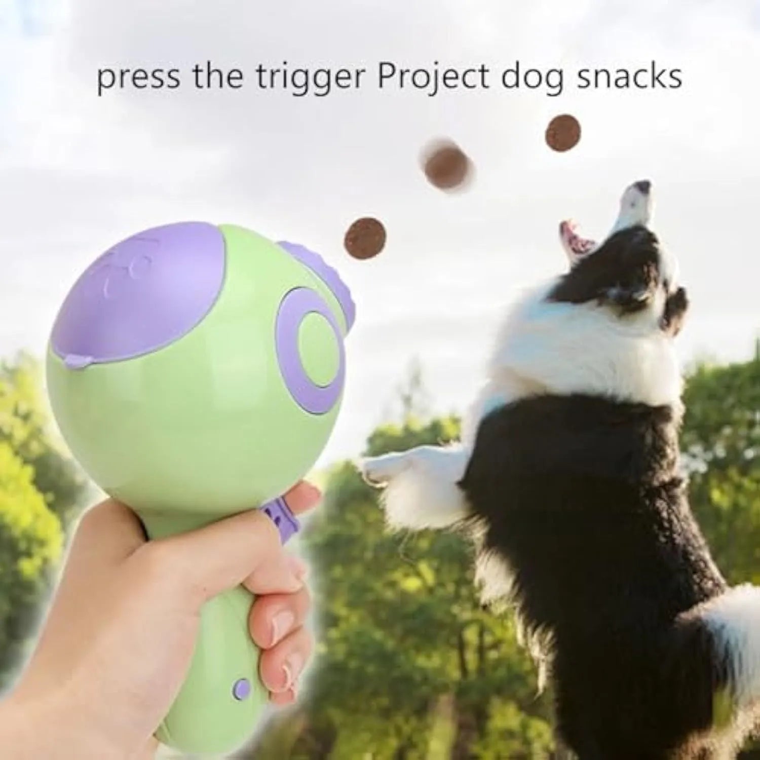 Green dog treat launcher and slow feeder toy for interactive pet training