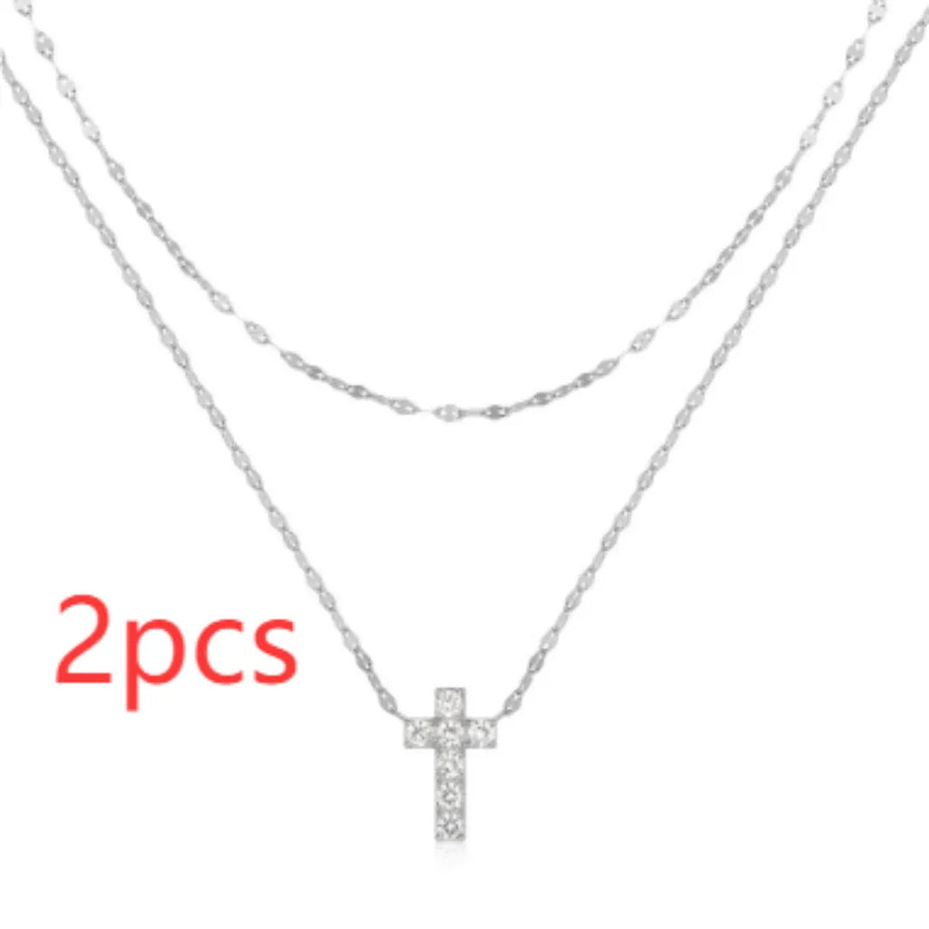 S925 sterling silver double layer twin diamond cross pendant necklace with clavicle chain in gold colour finish