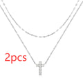 S925 sterling silver double layer twin diamond cross pendant necklace with clavicle chain in gold colour finish