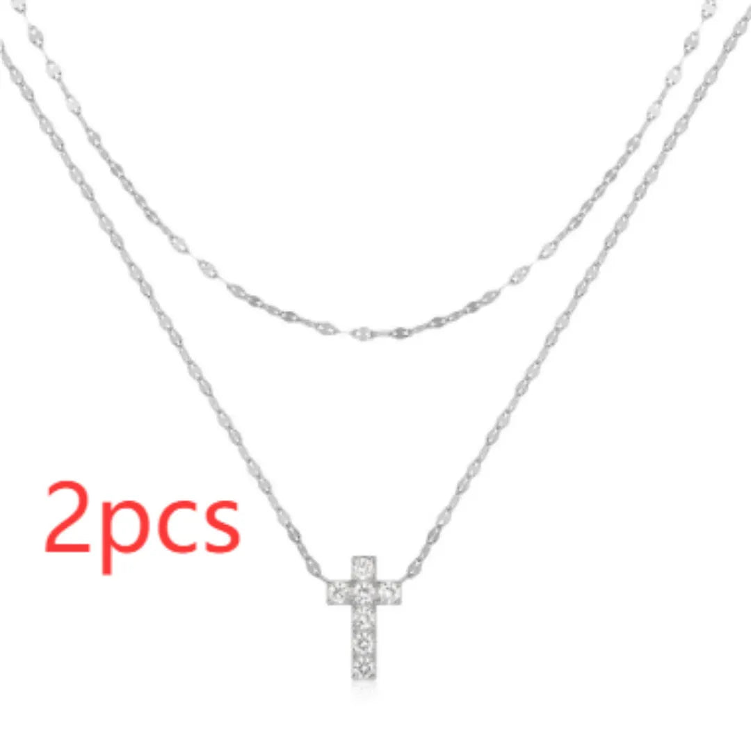 S925 sterling silver double layer twin diamond cross pendant necklace with clavicle chain in gold colour finish