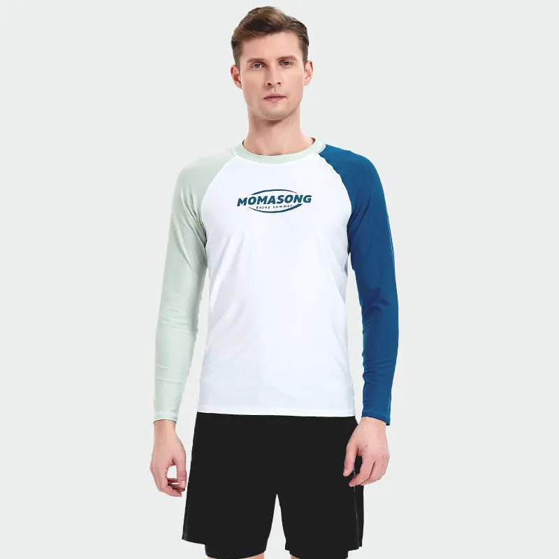 Men's white long-sleeve swim top with matching blue double-layer beach swimming trunks